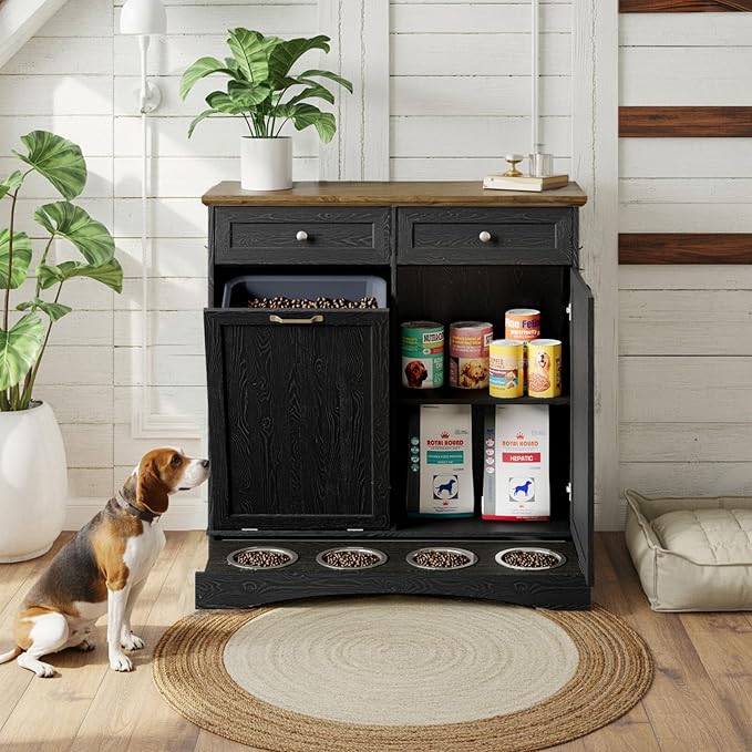 Double Door Dog Feeding Station with Storage, 10 Gallons Tilt Out Trash Can Cabinet, Dog Food Cabinet with Dog Bowls, Pet Organizer Cabinet for Kitchen/Living Room (Black, Double Door) - Image 7