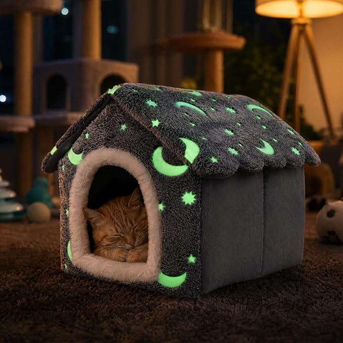 PAWISE Luminous Cat Bed Indoor, Foldable Dog House Tent with Glowing Stars Moon, Soft Warm Puppy Cave Nest for Small Dogs Cats, Washable Pet Hut (15.7"x14.5"x13.5") - Image 7