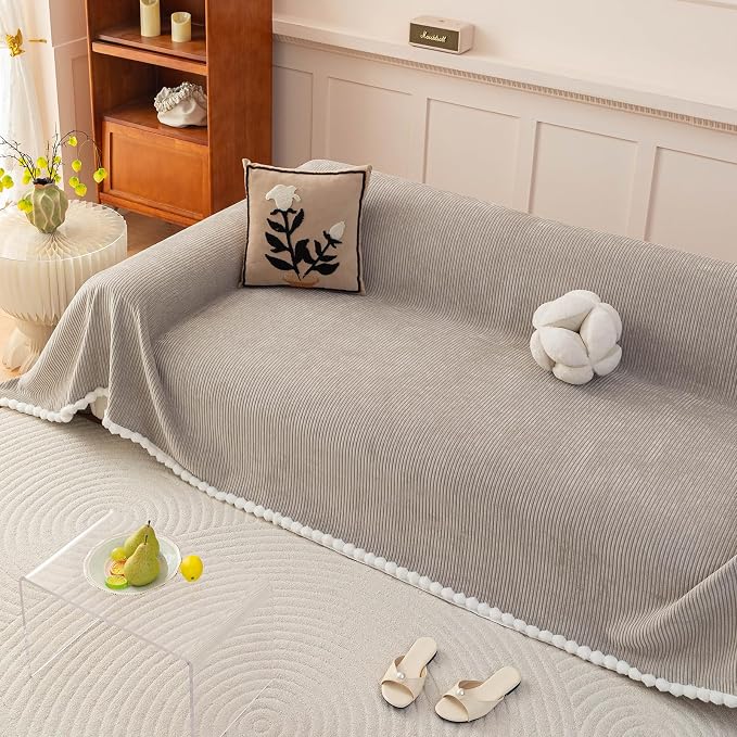 Gray Chenille Couch Cover for Pets, Washable Striped Geometric Sofa Cover for 3 Cushion Couch, Boho Sofa Slipcover for Living Room, Thick Sectional Furniture Protector with Cute Pom Pom Edge-71x150IN - Image 9