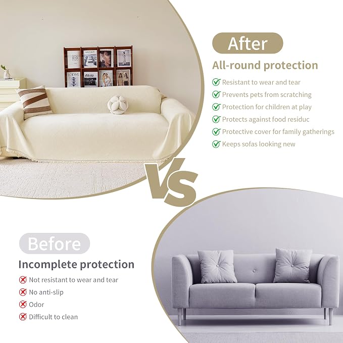 VANJOROY Beige Couch Chair Cover, Armchair for 1 Cushion Couch, Washable Chenille White Sofa Cover Protector Soft Sofa Slipcovers for Pets Dog with Tassel,71"x 91" - Image 9