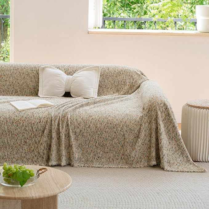 ROOMLIFE Boho Beige Couch Cover for Dogs, Washable Non Slip Furniture Protector Couch Sofa Covers for 3 Cushion Couch, Soft Chenille Couch Cover Throw Blanket with Tassels 71''X134'' - Image 9