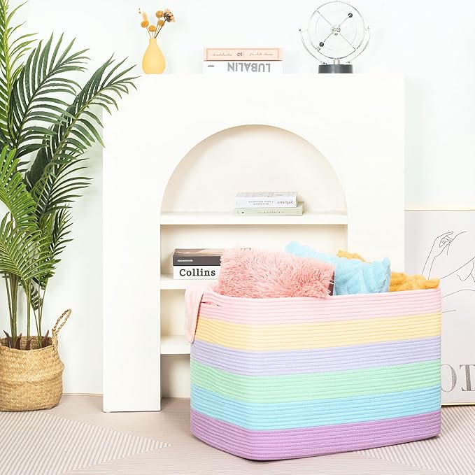 MINTWOOD Design 112L Extra Large Blanket Basket Holder Living Room, 25"x17"x16" Rectangle Rope Woven Storage Basket with Handles for Laundry, Towels, Shoes, Dog Toy Organizer Bin Box, Pastel Rainbow - Image 7