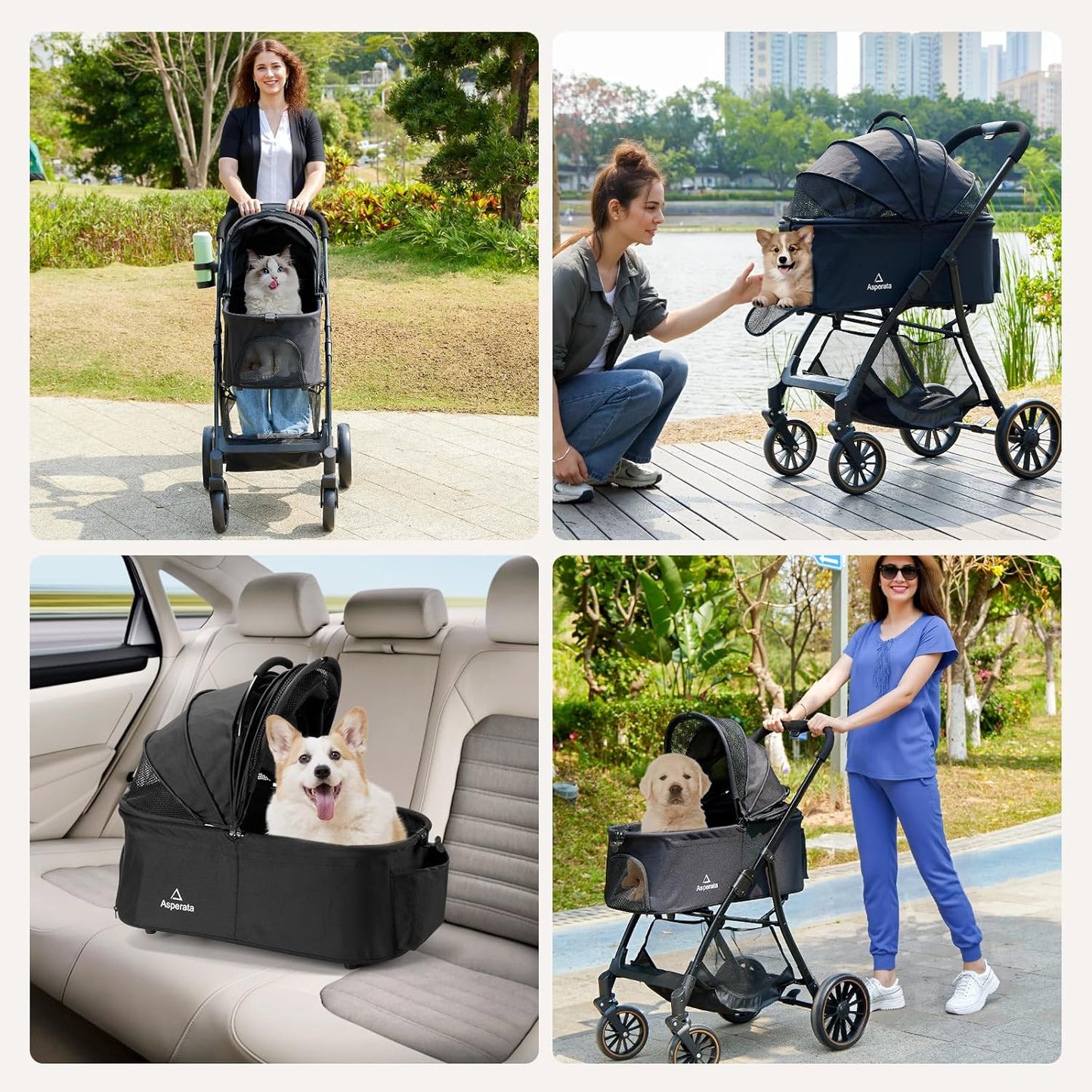 Pet Stroller for Small/Medium Dogs & Cats up to 55 lbs, Upgraded 4 Wheels Dog Stroller for Large Dogs, 3-in-1 Foldable Portable Travel Carrier for 2 Cats with Storage Basket and Cupholder
