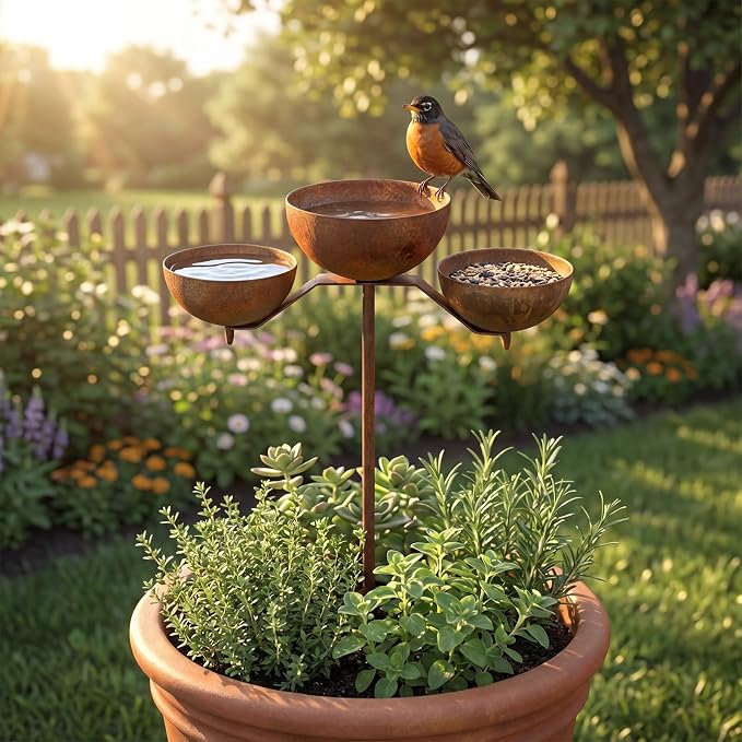 Rusty Rain Catcher Garden Stake - Adjustable Metal Bird Feeder and Bath Bowl, Vintage Outdoor Decor for Lawn Yard Landscaping, Attracts Birds and Beneficial Insects - Image 9