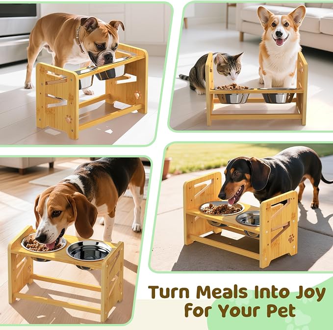 Elevated Dog Bowls, Adjustable Raised Dog Bowl Stand for Medium and Small Dog, 11" High Bamboo Pet Food Feeder with 2 Stainless Steel Dishes(4 Heights) - Image 7