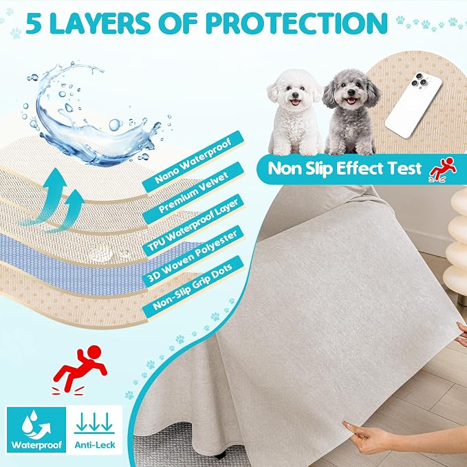 Loiion 100% Double-Sided Waterproof Dog Sofa Cover - Anti-Slip, Leakproof Couch Cover, Pet-Friendly Couch Protectors for Puppy, Large Dog, Kids and Pets 118"X71" Almond - Image 8