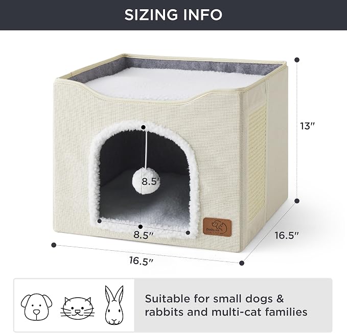 Bedsure Cat House Bed for Indoor Cats with Fluffy Ball and Scratch Pad | Ivory,16.5x16.5x13 in,Large Cat Cave for Multiple Pets,Foldable Cat Hideway Cube for Sleeping Kitten - Image 6