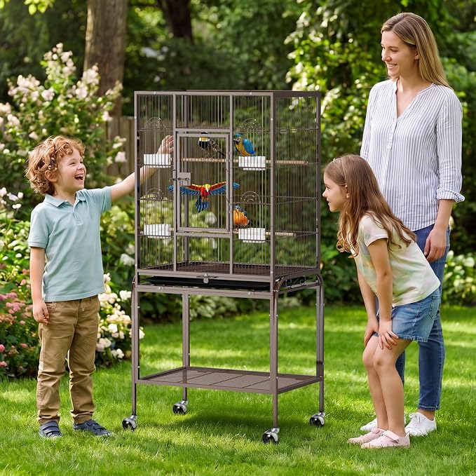 VINGLI 53-inch Bird Cage with Wheels, Durable Wrought Iron Parakeet Cage with Slide Out Tray, Black Bird Cages for Parakeets/Lovebird/Cockatiels/Budgies and Other Small/Medium Birds (Brown, 53 inch) - Image 8