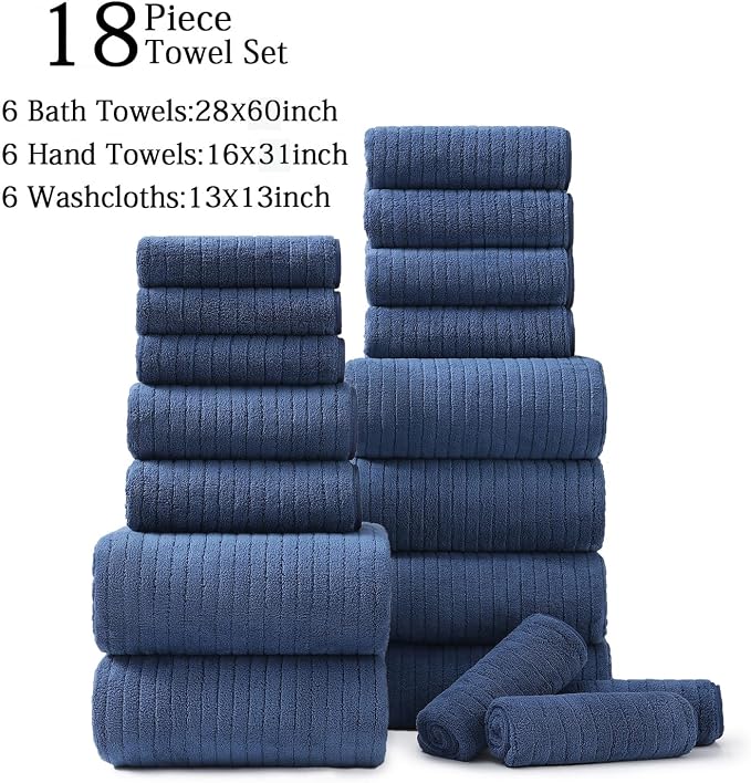 Hailea 18 Piece Family Bath Towel Set Include 6 Bath Towels,6 Hand Towels and 6 Washcloths Soft Bathroom Towel with Hanging Loops,Highly Absorbent Quick Dry Towels Set for Bathroom,Hotel and Spa-Navy - Image 9