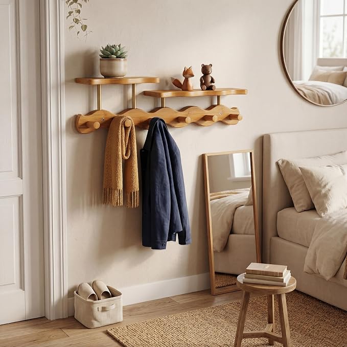 Wave-Shaped Bamboo Coat Rack Wall Mount with Shelf - Modern 6-Hook Rack | Modern Sculptural Wave Decor, Organic Wood Wall Organizer with Storage Shelf, Eco-Friendly Coat Rack for Hanging Bags, Keys - Image 9