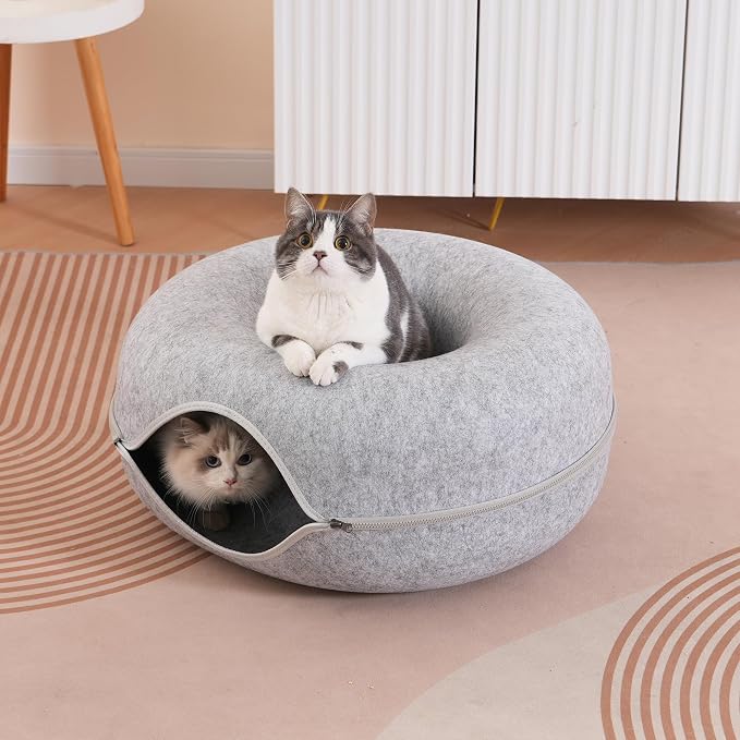 Large Cat Tunnel Bed for Indoor Cats with 3 Toys, Scratch Resistant Donut Cat Bed, Up to 30 Lbs (L 24x24x11, Light Grey) - Image 6