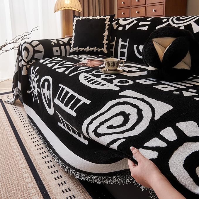 DREAMINGO Black Japandi Couch Cover Boho Tribal Jacquard Sofa Covers for 2 Cushion Couch Thick Soft Chenille Living Room Furniture Loveseat Sectional Sofa Slipcovers Washable, Large 71"x118" - Image 7