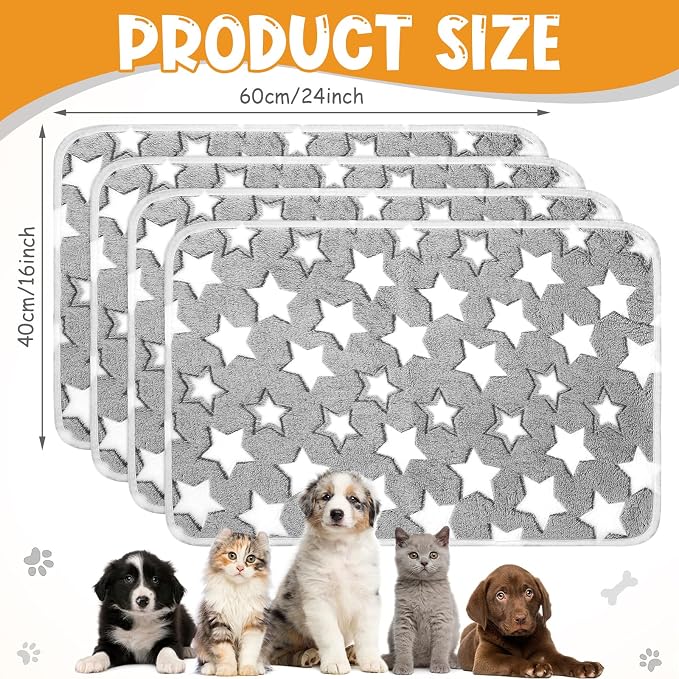 Tatuo 4 Pack Fleece Dog Blankets for Puppy Cats Multi-Size Sleep Mat for Pet Guinea Pig Soft Washable Warm Crate Bed Puppy Teething Toys Print Pattern Blanket Indoor(White,Grey,24 x 16 Inch,Star) - Image 6