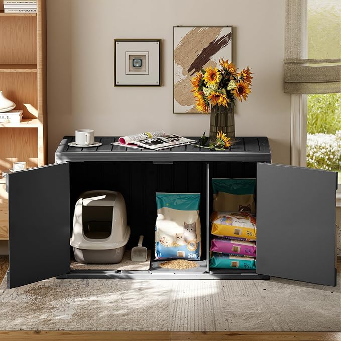 Cat Litter Box Enclosure,Multi-Functional Hidden Litter Box Furniture Cabinet with Adjustable Partition & Side End Table, Indoor Outdoor Cat House with Double Doors,Easy to Clean & Assemble, Black - Image 7