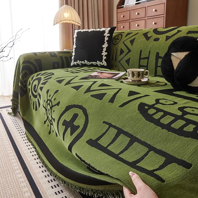 DREAMINGO Green Japandi Couch Cover Boho Tribal Jacquard Sofa Covers for 3 Cushion Couch Thick Soft Chenille Living Room Furniture Futon Sectional Sofa Slipcovers Washable, XX-Large 71"x150" - Image 7