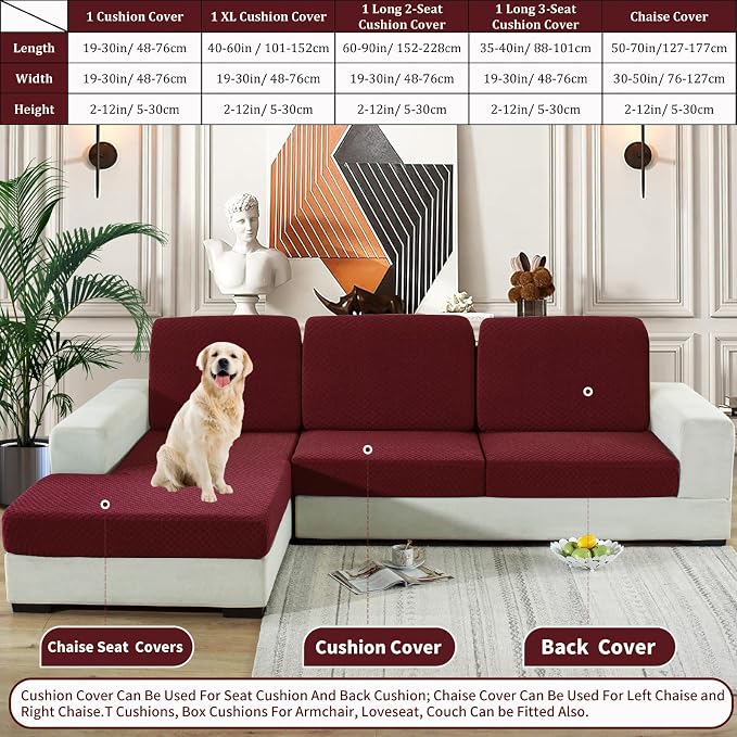 YEMYHOM Stretch Individual Cushion Covers Sofa Chair Seat Cushion Slipcovers Soft Couch Cover Replacement Large Checkered Furniture Protector with Elastic Bottom (1 Pc Cushion Cover, Wine Red) - Image 7