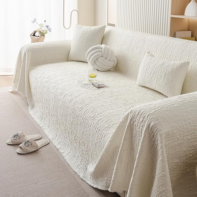 DREAMINGO Bubble Textured Cooling Sofa Cover, Ice Silk Breathable Couch Cover Blanket for Pet & Hot Sleepers, Washable Furniture Protector for 3 Cushion Couch, Cream White, X-Large 71"x134" - Image 7