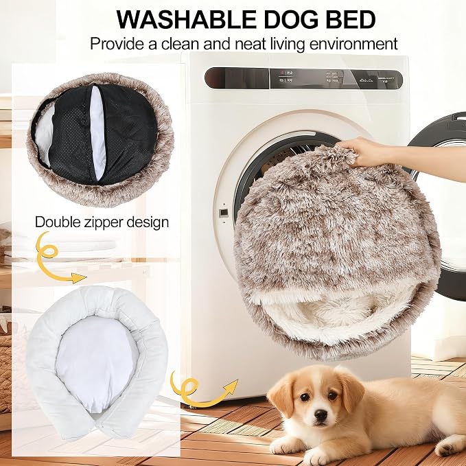 Calming Dog Beds & Cat Cave Bed with Hooded Cover,Removable Washable Round Beds for Small Medium Pets,Anti-Slip Faux Fur Fluffy Coved Bed for Improved Sleep,Fits up to 15/25 lbs(Medium,24"x24") - Image 6