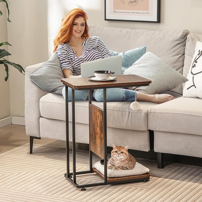 Giantex Cat Scratcher Side Table, C-Shaped End Table with Cat Scratching Board, Washable Cushion, Jingling Ball, Metal Frame, Couch Table Cat Tree Tower for Living Room Bedroom, Rustic Brown - Image 8
