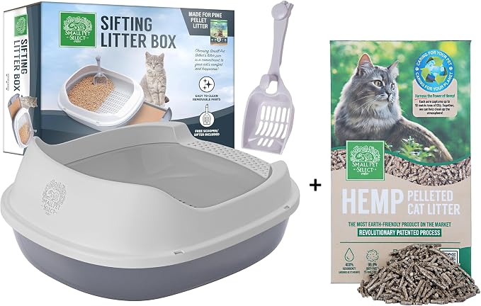 Small Pet Select- Sifting Cat Litter Box and 8lb Hemp Pellets Combo, with 5 Free Pee Pads and Free Litter Scoop, Premium System for Cats, Tidy and Easy to Clean by SmallPetSelect