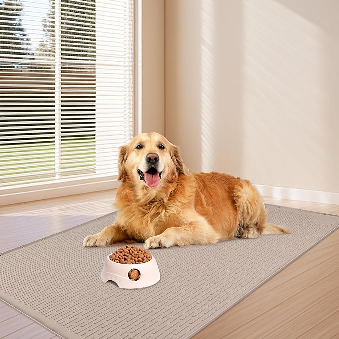 Dog Food Mat 57''x40'' Extra Large Dog Mat for Food and Water, Khaki | Silicone Dog Bowl Mat with Raised Edge, Waterproof Non-Slip Pet Feeding Mat for Floors, fit for Dog Cat Bowls - Image 6