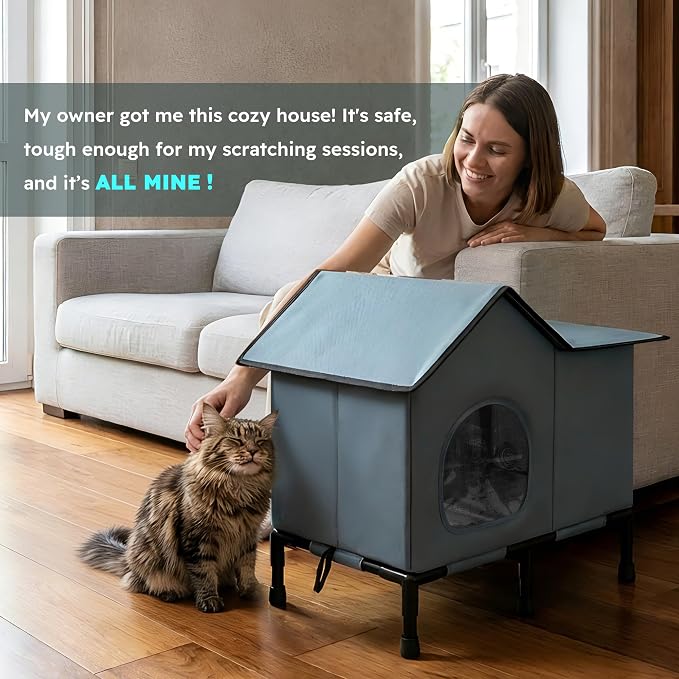 Weatherproof Heated Cat House for Outside with Heating Pad, Elevated Feet Outdoor Cat House, Expanded Canopy Warm Cats Shelter, Heating Pet Beds for Feral or Stray Cats in Winter (Warm Grey, Unheated) - Image 7