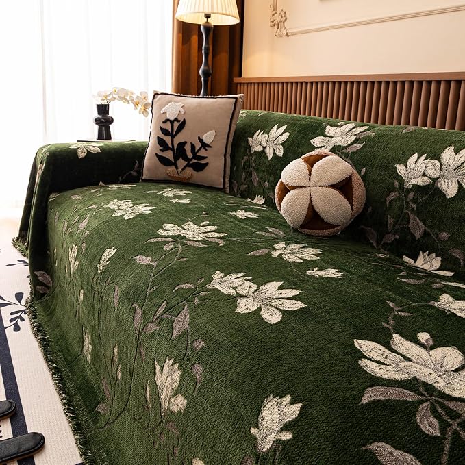STACYPIK Vintage Garden Floral Couch Cover Chenille Jacquard Green Sofa Cover Textured Botanical Couch Cover for 3 Cushion Couch Dog Non-slip Loveseat Futon Sofa Cover Versatile Throw Blanket-71X150IN - Image 7