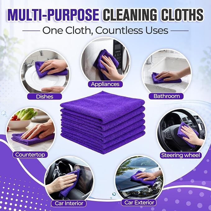 Nuenen Microfiber Cleaning Cloths for Cars Ultra Absorbent Car Towels Drying Reusable Cleaning Supplies House Kitchen Window Microfiber Towel (12 x 12 Inch, Purple, 60 Pcs) - Image 6