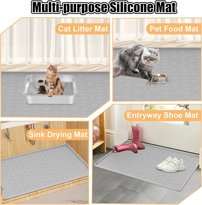 Silicone Cat Litter Mat 42" x 29" Cat Mat for Litter Box, Light Grey | Extra Large Cat Litter Trapping Mat for Floor, Waterproof, Non-Slip Kitty Litter Box Mat with Raised Edge, Easy to Clean - Image 8