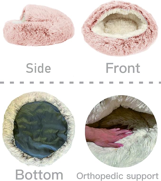 ShinHye Cozy Cat Bed - Round Plush Fluffy Hooded Cave, Indoor/Outdoor, Waterproof & Washable, Calming Anti-Anxiety Design - 23x23inch, Pink - Image 7