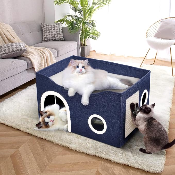 Heeyoo Cat House for Indoor Cats - Large Cat Bed Cave with Fluffy Ball and Scratch Pad, Foldable Cats Houses & Condos, Cat Hideaway, Covered Kitty Bed for Multi Small Large Kitty, 23.8x15.9x13.2 Inch - Image 8