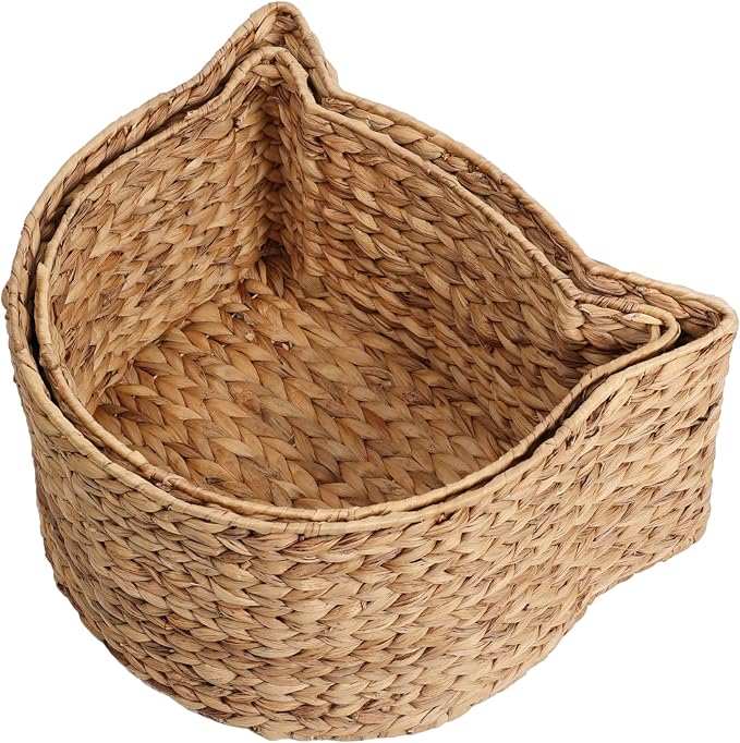 BSK4001A-2SET Feliz Cat-Shaped Hand Woven Water Hyacinth Nesting Pet Toy Organizer Baskets, Cay Storage Box for Living Room, Natural (Set of 2) - Image 7