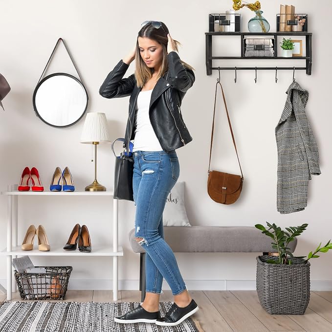 HBCY Creations Wall Mounted Shelf with Coat Hooks and Baskets, Solid Wood Entryway Organizer Wall Shelf with Hooks - Hang Coats, Keys or Coffee Mugs, Rustic Blackwash 24" Wide - Image 8
