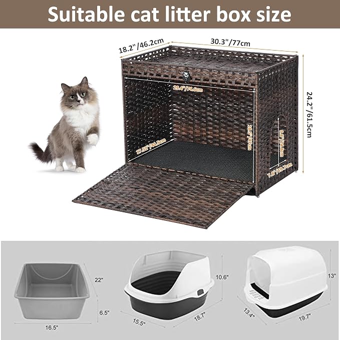 Cat Litter Box Enclosure with Door, Hidden Cat Washroom Furniture | Handwoven PP Wicker; Soft Litter Mat Included; Spacious Interior; Furniture-Style Design; Indoor Home Décor - Image 7