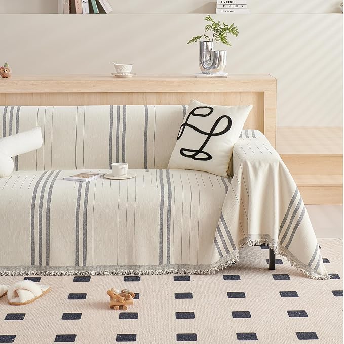 DREAMINGO Armchair Cover Washable Chenille Sofa Protector for Pet Kids Beige Grey Chair Couch Covers for 1 Cushion Couch Stripe Jacquard Versatile Sofa Throw Slipcover for Futon Couch, 71"x91" - Image 7