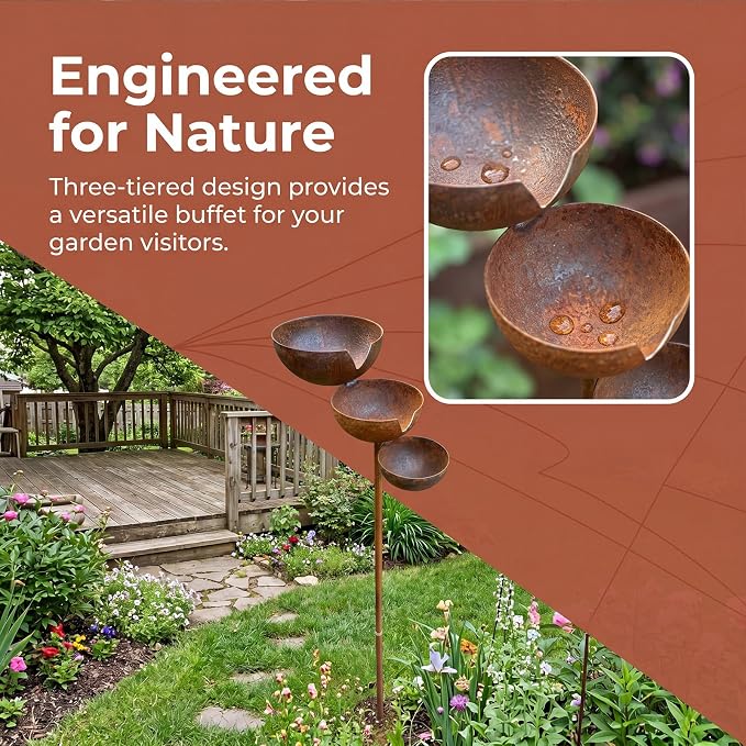 Multi-Tier Rain Catcher Garden Stake Bird Bath for Outdoors - Rustic Metal Bee Watering Station, Decorative Flower Garden Stakes for Lawn Yard Landscaping (Natural Rust Color) - Image 9