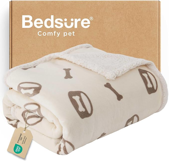 Bedsure Waterproof Blanket for Bed - Twin Size 60"x80", Beige | Soft Print Sherpa Fleece Pet Cat Dog Blankets for Large Dogs Couch Protection, Soft Plush Reversible Furniture Protector - Image 9