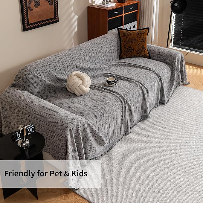 Dark Grey Sofa Covers Sectional Couch Cover Slipcovers Furniture Protector for Pets Kids, Chenille Strip Couch Throw Blankets Tassels Edge for 3 Cushion Couch, 71"x134" - Image 7