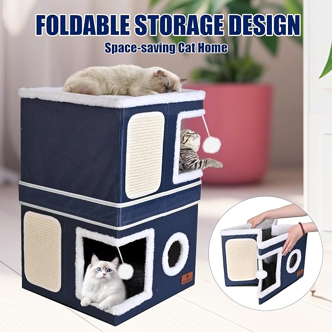 2-Story Cat House for Indoor Cats, Dual-Purpose Cat Cave Bed with Scratch Pad and Fluffy Ball, Foldable Cat Hideaway, Cute Cat Condo Furniture for Multi Small Pet Kitten, Blue - Image 7