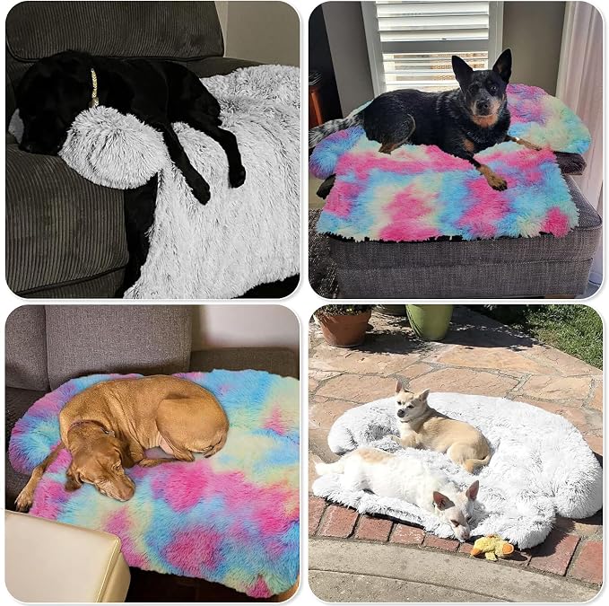 GGIB Calming Dog Bed Fluffy Plush Dog Mat for Furniture Protector with Removable Washable Cover for Large Medium Small Dogs and Cats (Large, Rainbow) - Image 7