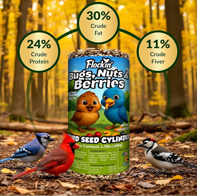 Bugs, Nuts & Berries Bird Seed Cylinders with Hole - USA Made (4" x 7.75") | Mealworms, Nuts & Berries Blend, Protein Rich, Cylinder Bird Seed, No Filler, Attract Wild Birds, Natural Ingredients, 1.5lbs - Image 9