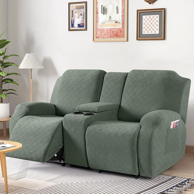 VANSOFY Recliner Loveseat Cover with Middle Console Stretch Reclining Sofa Slipcover for 2 Seat Jacquard Reclining Couch Sofa Covers Furniture Protector with Elastic Straps Bottom (Green) | 4-Pieces, Soft Furniture Protector, Washable Slipcover with Po... - Image 7
