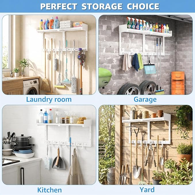 HUFAND Broom Holder Wall Mount, 27" Mop and Broom Organizer with Top Shelf | 5 Grippers,5 Movable S-Hooks,Breathable Grid Shelf,Rust-Resistant Coating,Hardware Included,for Kitchen,Laundry Room - Image 6
