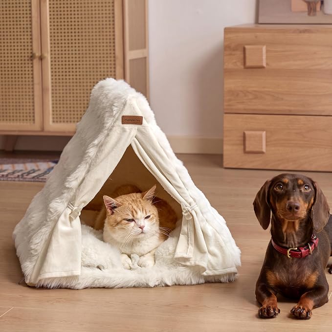 FUKUMARU Cat Cave Bed, Sturdy Frame Washable Cat Tent Bed with Curtain | Semi-Enclosed Cat Hideaway for Anxious Cats, Large Cozy Cat House for Indoor Cats, Soft Plush Covered Dog Bed, Cream - Image 9
