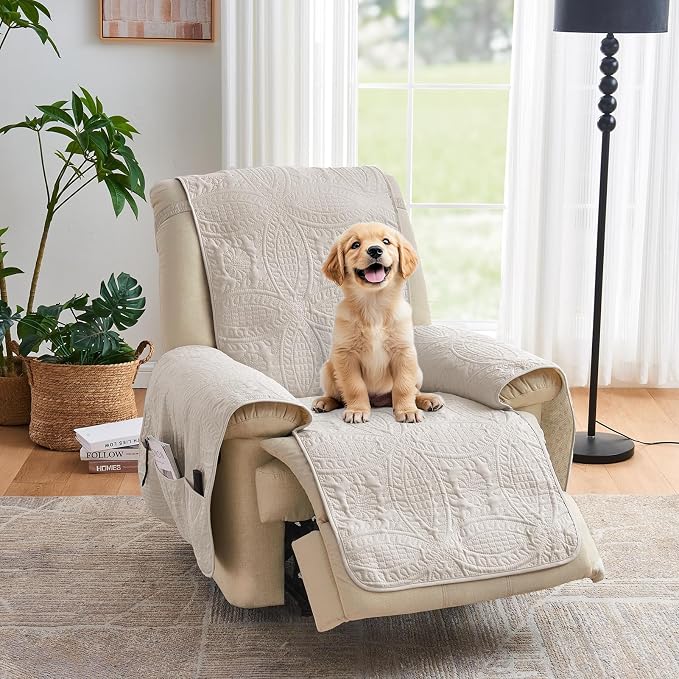 Beige Quilted Recliner Chair Covers, Water-Repellent Recliner Slipcovers, Lazy Boy Chair Covers, Pet Friendly Recliner Covers for Dog, Washable Armchair Protector (Recliner 22", Beige Cream) - Image 8