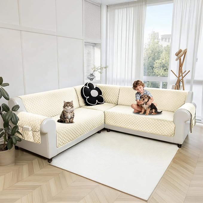 Sectional Couch Covers for Dogs 100% Waterproof Corner L Shaped Sofa Cover Pet Friendly Velvet Washable Anti Slip L Shape Modular Sofa Slipcover Protector with Pockets (Ivory White, Small) - Image 9