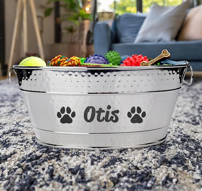 BREKX Personalized Metal Dog Toy Bin - Copper Galvanized Storage Bin with Handles, Basket for Pet Toys, Dog Toy Box, Pet Storage - Custom Dog Name Gift (Medium - Silver) - Image 6