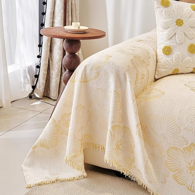 STACYPIK Botanical Floral Sofa Cover for Pets, Boho Jacquard Beige Couch Cover for 2 Cushion Couch, Farmhouse Vintage Couch Cover L Shape for Sectional, Versatile Throw Blanket Living Room-71X118IN - Image 9