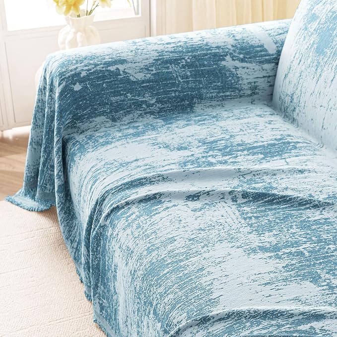 hyha Couch Cover for Dogs, Boho Chenille Sofa Cover for 3 Cushion Couch | Anti-Scratch Washable Sofa Slipcover, Loveseat Sectional Couch Throw Blankets with Tassels (Blue/White, 71x150 Inch) - Image 9