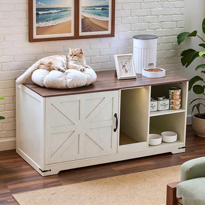 Cat Litter Box Enclosure, 43" Farmhouse Litter Box Furniture with Storage, Lights, Cardboard, Indoor TV Stand Wood Cat House Washroom End Side Table, White - Image 8